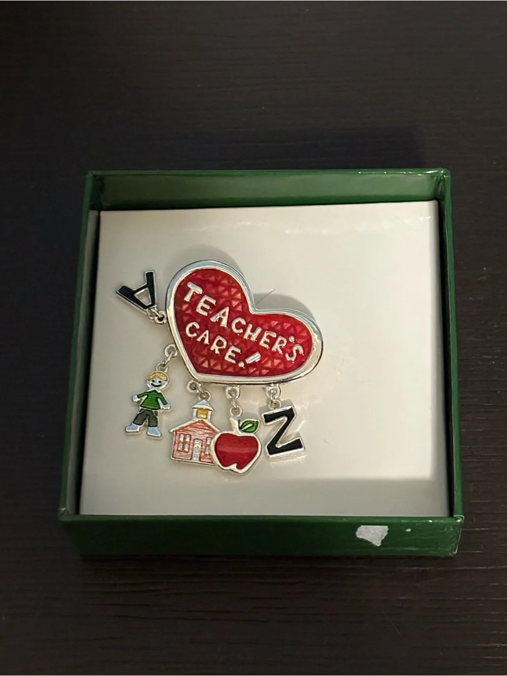 Teacher's Care Brooch red enamel heart with dangling charms. New in box.